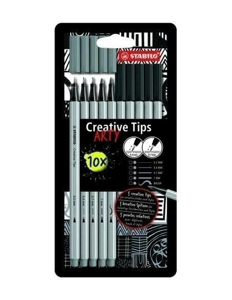 ESTUCHE ROTULADORES CREATIVE TIPS ARTY CON 10 ROTULADORES (5 PUNTAS DIFERENTES) EN COLOR NEGRO Y GRIS STABILO 89/10-1-20