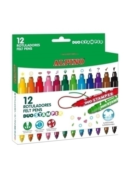 ALPINO ESTUCHE 12 ROTULADORES DUO STAMPER C/PUNTAS QUE ESTAMPAN DIBUJOS C/SURTIDOS