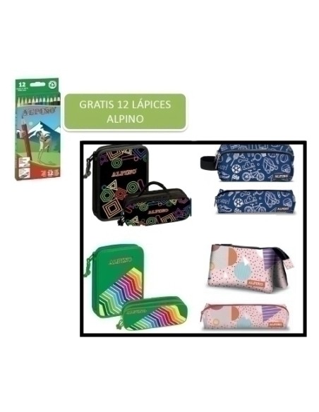 ALPINO LOTE PROMOCIÓN ESTUCHES Y PLUMIERS SURTIDOS +REGALO 12 CAJAS LÁPICES REF. AL010654