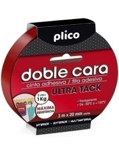 PLICO CINTA ADHESIVA TRANSPARENTE DOBLE CARA ULTRA TACK MULTIMATERIALES ROLLO 20MM X 3M 13308 Pack 10 Unid.