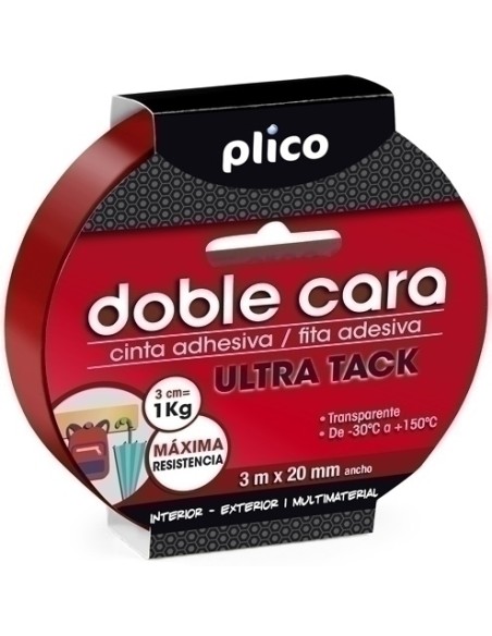 PLICO CINTA ADHESIVA TRANSPARENTE DOBLE CARA ULTRA TACK MULTIMATERIALES ROLLO 20MM X 3M 13308 Pack 10 Unid.