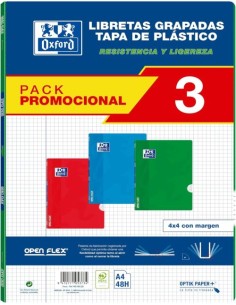 Pack 3 libretas openflex a4 48h 90g cuad4x4 c m colores rojo verde y azul