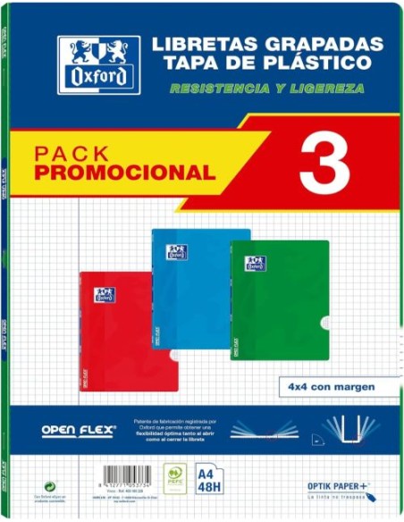 Pack 3 libretas openflex a4 48h 90g cuad4x4 c m colores rojo verde y azul Pack 3 libretas openflex a4 48h 90g cuad4x4 c m colores rojo verde y azul