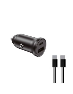Cargador de coche , 20W, Carga rápida, Power Delivery, Multipuerto USB-C y USB-A + cable USB-C a USB-C, Negro