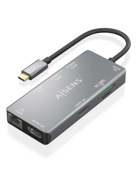 USB-C Dock 9 En 1, USB-C a 2xHDMI, 1xRJ45, 2xUSB-A USB3.0, 1xUSB-A USB2.0, 1xUSB-C PD, 1xSD, 1xMicro SD, Gris, 15cm