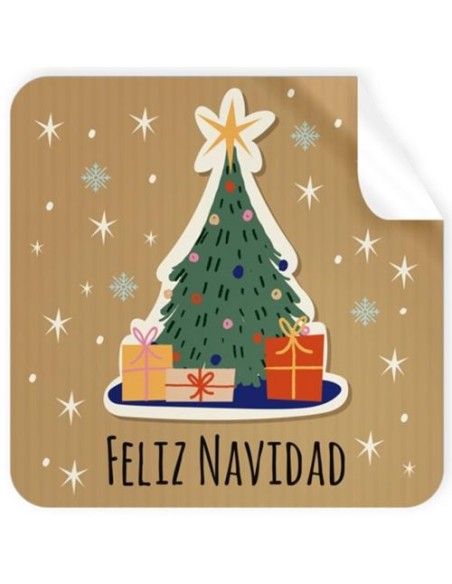 ROLLO 250 ETIQUETAS CUADRADA ARBOL FELIZ NAVIDAD