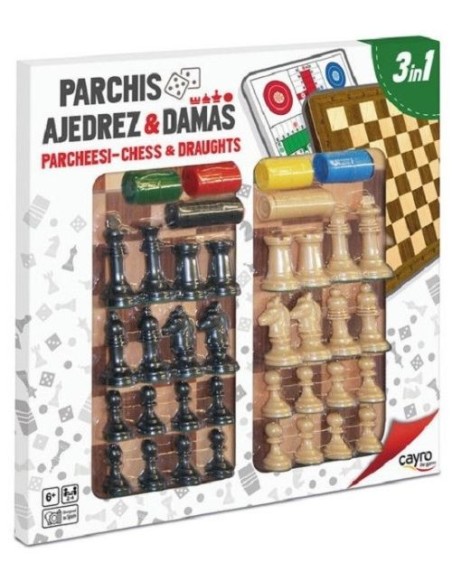 TABLERO PARCHIS AJEDREZ Y DAMAS CON ACCESORIOS 40X40CM