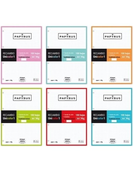 PAPYRUS RECAMBIO UNICLASIC 4 TALADROS A4 90GR 100H CUADRÍCULA 5MM C/M 1 BANDA ROJO 53392251 Pack 24 Unidades
