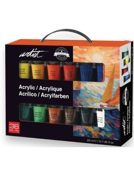 Maletin de carton 36 botes pintura acrilica 22ml artist colores surtidos
