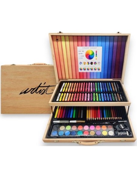 Maleta madera 2 pisos art studio artist con 106 piezas