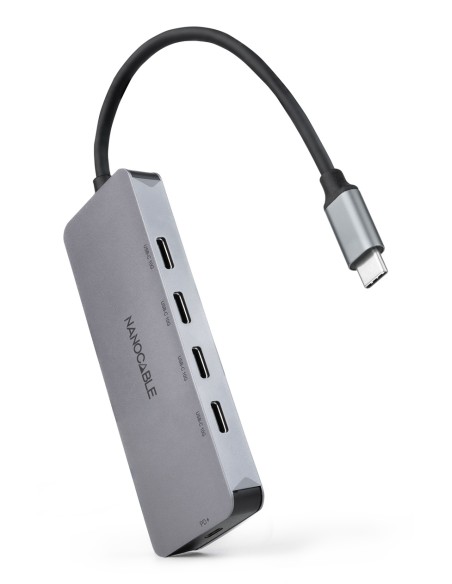 Hub USB-C macho a 4 x USB-C hembra + USB-C PD 100W, Aluminio 10 cm, Gris