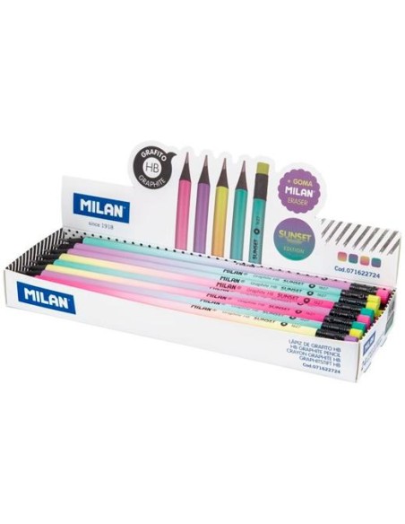 MILAN LÁPICES GRAFITO HB CON GOMA SUNSET COLORES SURTIDOS -CAJA EXPOSITORA 24 UND-