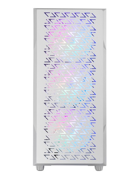 MC-GEO, Caja Gaming ATX, 4x Ventiladores FRGB Rainbow 12cm, Panel Frontal Mesh Geométrico, Ventana Lateral Cristal Templado, Sem