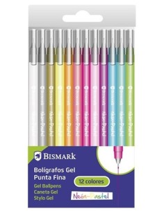 BLISTER 12 BOLIGRAFOS DE GEL PUNTA FINA COLORES NEON PASTEL