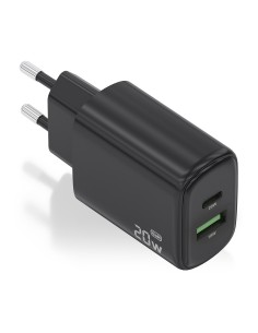 Cargador GaN 20W, 1xUSB-C PD3.0, 1xUSB-A QC3.0, Negro