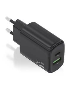 Cargador GaN 25W, 1xUSB-C PD3.0, 1xUSB-A QC3.0, Negro