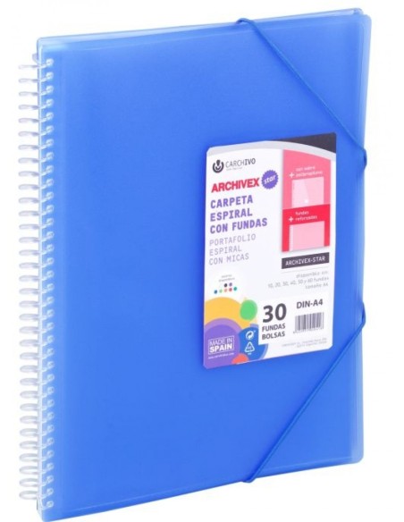 Carpeta 30 fundas a4 espiral archivex star azul carchivo