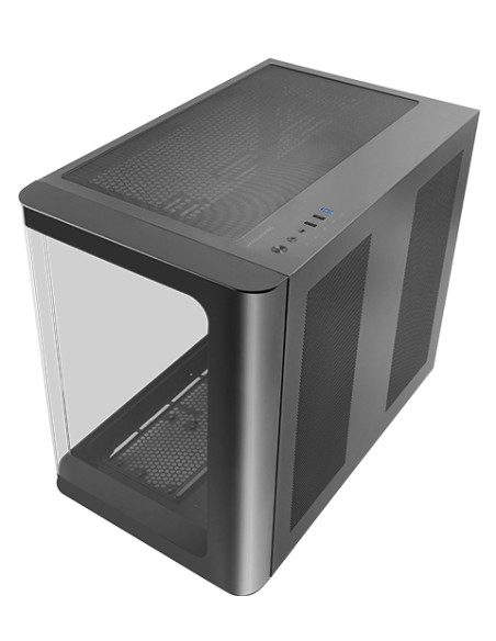 MC-FUSION, Caja Gaming ATX, Ventana Lateral Completa y Frontal Curvo Cristal Templado Continuo, Semitorre PC Doble Cámara, Sopor