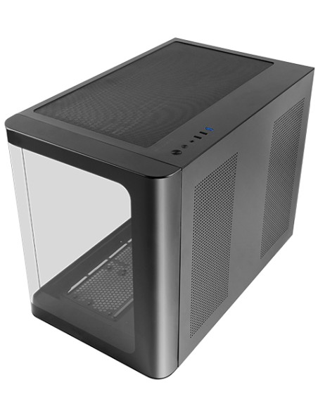MC-FUSIONM, Caja Gaming Micro-ATX, Ventana Lateral y Frontal Curvo de Cristal Templado Continuo, Minitorre PC Doble Cámara, Sopo