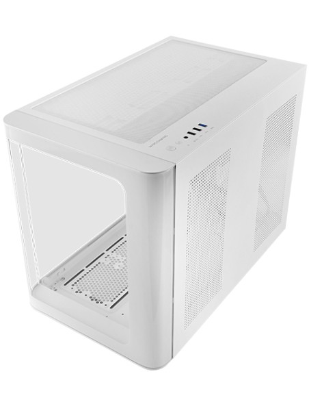 MC-FUSIONM, Caja Gaming Micro-ATX, Ventana Lateral y Frontal Curvo de Cristal Templado Continuo, Minitorre PC Doble Cámara, Sopo