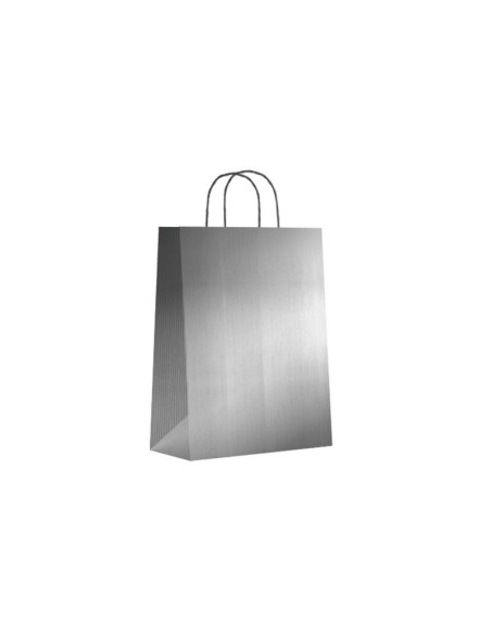 Paq.25 bolsas papel asa retorcida formato s 24+10X32cm 90gr plata 02003014