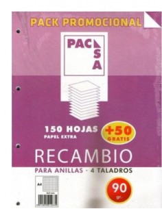 PACK RECAMBIO 90 GRS. 4 TALADROS . DIN A4 CUADRICULA 4X4 150 HOJAS + 50 GRATIS PACSA 21283