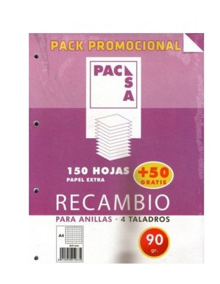PACK RECAMBIO 90 GRS. 4 TALADROS . DIN A4 CUADRICULA 4X4 150 HOJAS + 50 GRATIS PACSA 21283
