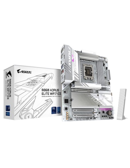 B860 AORUS ELITE WIFI7 ICE Placa base - CPUs Intel Core Ultra, VRM de 14+1+2+1 fases, hasta 9200MHz DDR5, 1xPCIe 5.0 + 2xPCIe 4.