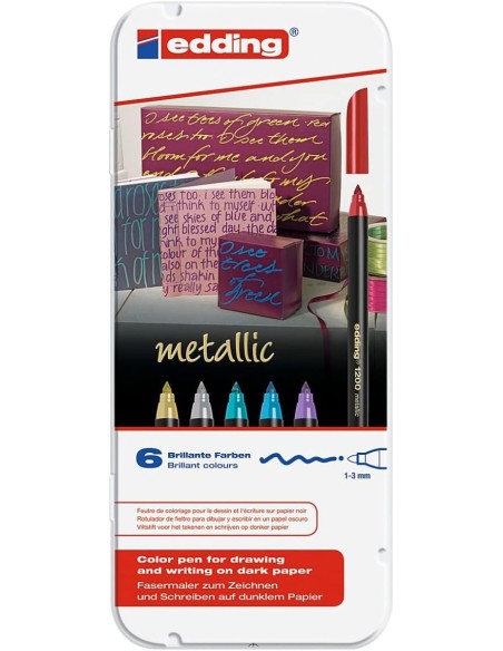 Caja metalica 6 rotuladores edding 1200 colores metalic surtidos