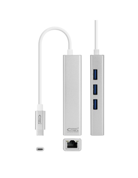 Conversor USB-C a Ethernet Gigabit + 3xUSB 3.0, Plata, 15 cm