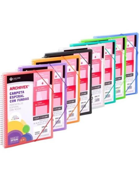 Paq 8 carpeta 40 fundas canguro a4 archivex star surtidos con espiral y personalizable la portada