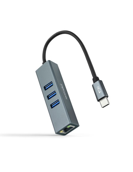 Conversor USB-C a Ethernet Gigabit + 3XUSB 3.0, Aluminio, Gris, 15 cm