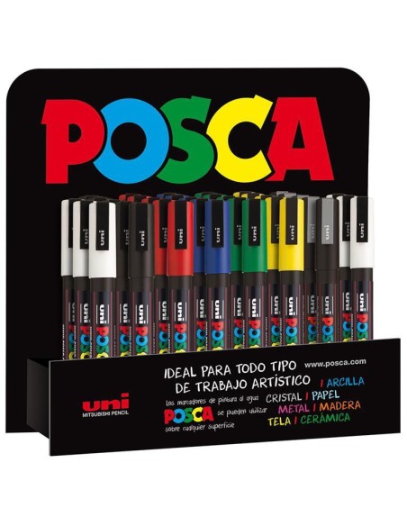 UNIBALL EXPOSITOR MARCADOR POSCA PC-3M/3D BLANCO-ROJO-VERDE-PLATA-NEGRO-AZUL-AMARILLO -36U-