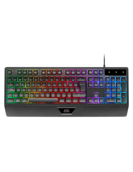 MK124, Teclado Ergonómico H-Mech, Reposamuñecas Integrado, Iluminación FRGB Rainbow, Teclado Gaming Antighosting Avanzado, Tecla