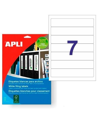 APLI ETIQUETAS PARA ARCHIVO 190,0 X 38,0 MM CANTOS ROMOS BLANCO - 25 HOJAS-