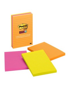 Super Sticky Notes, 4 in x 6 in, Rio de Janeiro Collection, Lined, 3 Pads/Pack, 90 Sheets/Pad nota autoadhesiva Naranja, Rosa, A