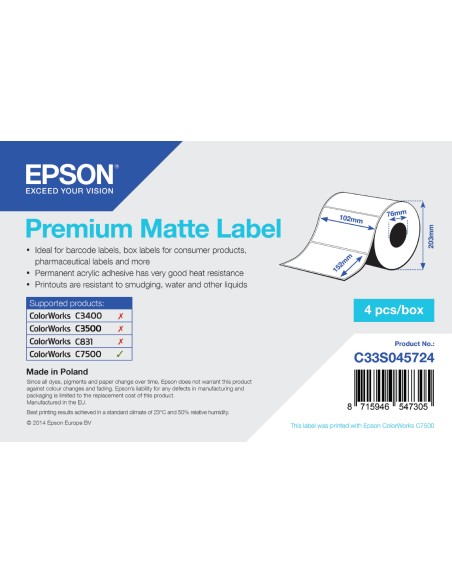 Premium Matte Label - Die-cut Roll: 102mm x 152mm, 800 labels