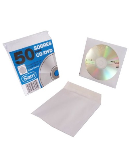 PAQUETE 50 SOBRES PARA CD / DVDS. BLANCO 90 GRS. VENTANA PLASTIC0 108 DIAMETRO 125X125 ENGOMADO AUTOADHESIVO SAM 664897