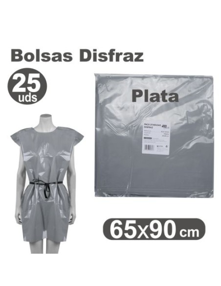 PACK 25 BOLSAS DE PLASTICO PARA DISFRACES 65X90CM PLATA