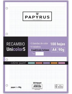 Recambio uni5 a4 100h 90g 4 taladros cuadricula 5x5 5 colores de banda tonos pastel