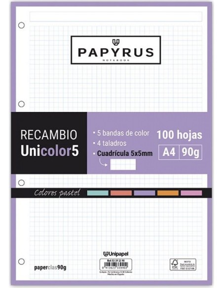 Recambio uni5 a4 100h 90g 4 taladros cuadricula 5x5 5 colores de banda tonos pastel Recambio uni5 a4 100h 90g 4 taladros cuadricula 5x5 5 colores de banda tonos pastel