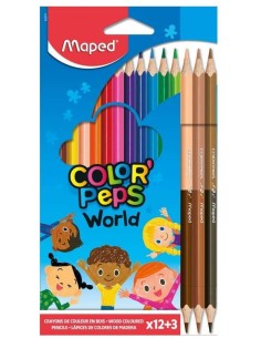 Estuche 12 lapices de colores color peps world 3 lapices duo tonos de piel maped