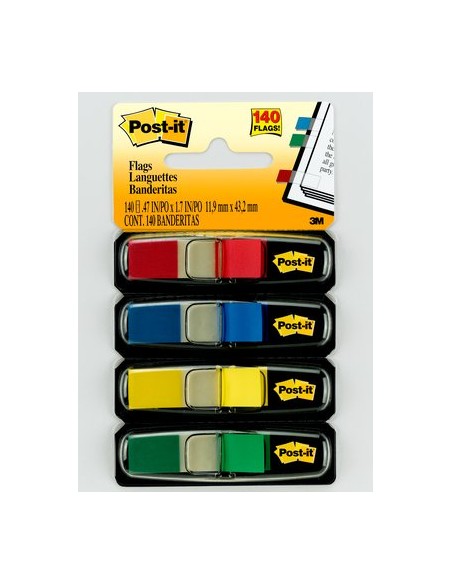 Flags, Primary Colors, 1/2 in Wide, 35/Dispenser, 4 Dispensers/Pack bandera adhesiva 35 hojas