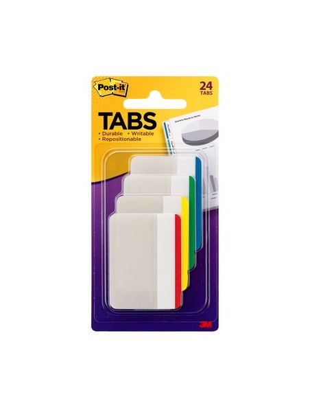 Tabs, 2 inch Lined, Assorted Primary Colors, 6/Color, 4 Colors, 24/Pk pestaña autoadhesiva Beige, Verde, Rojo, Amarillo