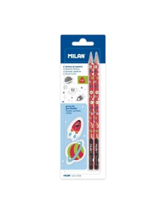MILAN 2 LÁPICES GRAFITO HB Y 2 GOMAS SUPER HEROES SPACE EN BLISTER