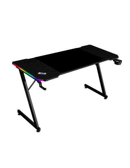 MGD-X140RGB, Mesa Gaming Ergonómica, Iluminación ARGB con Mando, Fibra de Carbono, Alfombrilla XXL, Soporte Auriculares y Bebida