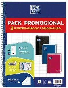 Pack 3 cuaderno espiral europeanbook1 a4 80h 90g cuadricula 5x5mm microperforado colores vivos