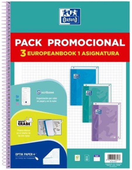 Pack 3 cuaderno espiral europeanbook1 a4 80h 90g cuadricula 5x5mm microperforado colores pastel