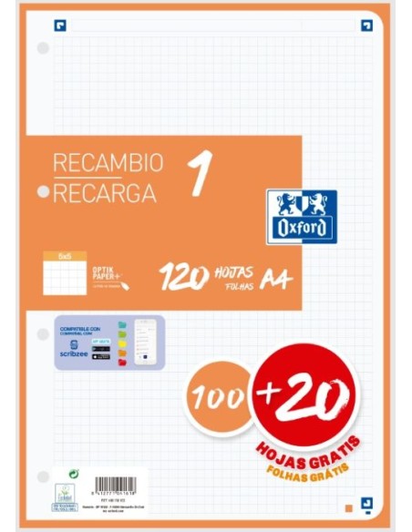 Recambio 1 color a4 10020h 90g cuadricula 5x5 color banda naranja