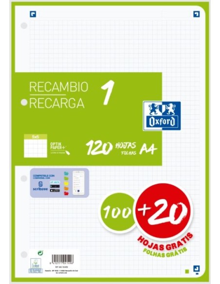 Recambio 1 color a4 10020h 90g cuadricula 5x5 color banda verde